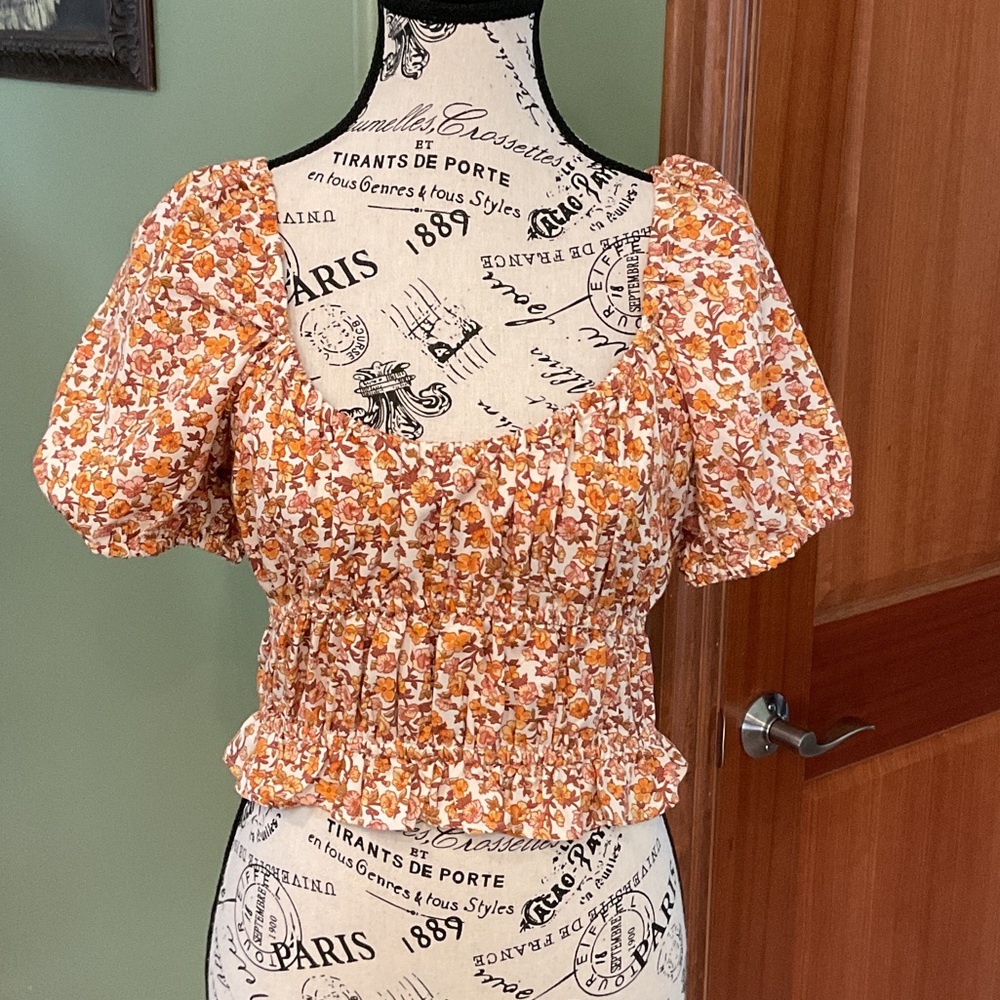 Bog Collective Floral Smocked Puff-Sleeve Crop Top - Orange Floral